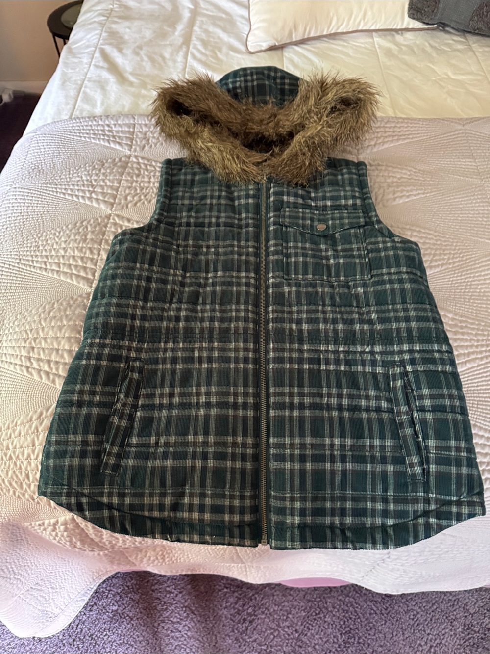 Jack by BB Dakota Green Plaid Faux-Fur Hooded Puffer Vest with Brown Trim